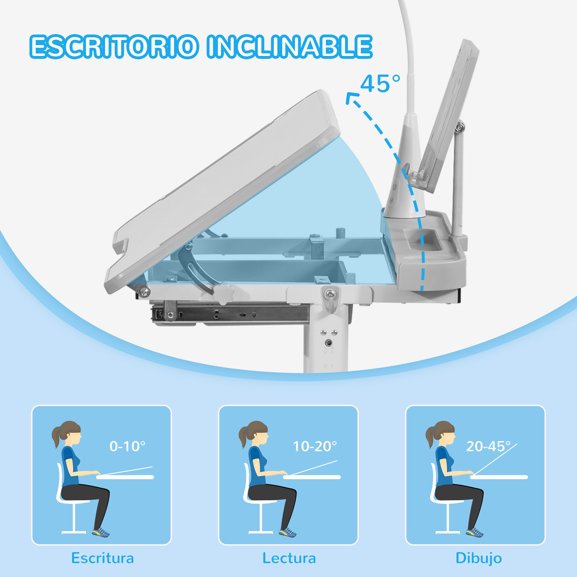 Juego de Escritorio y Silla para Niños de +6 Años Pupitre Infantil con Altura Ajustable Mesa Inclinable Cajón Lámpara LED y Portalápices 80x49,5x82-104 cm y 35,5x43,5x63-73 cm Gris