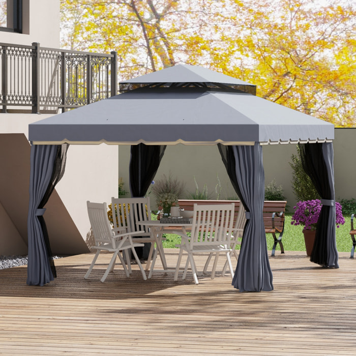 Conjunto de Cenador Incluye 1 Cenador de Jardín 4x3 m con 4 Cortinas Laterales 4 Mosquiteras y 1 Techo de Repuesto 4x3 m para Fiestas Eventos Exterior Gris y Beige