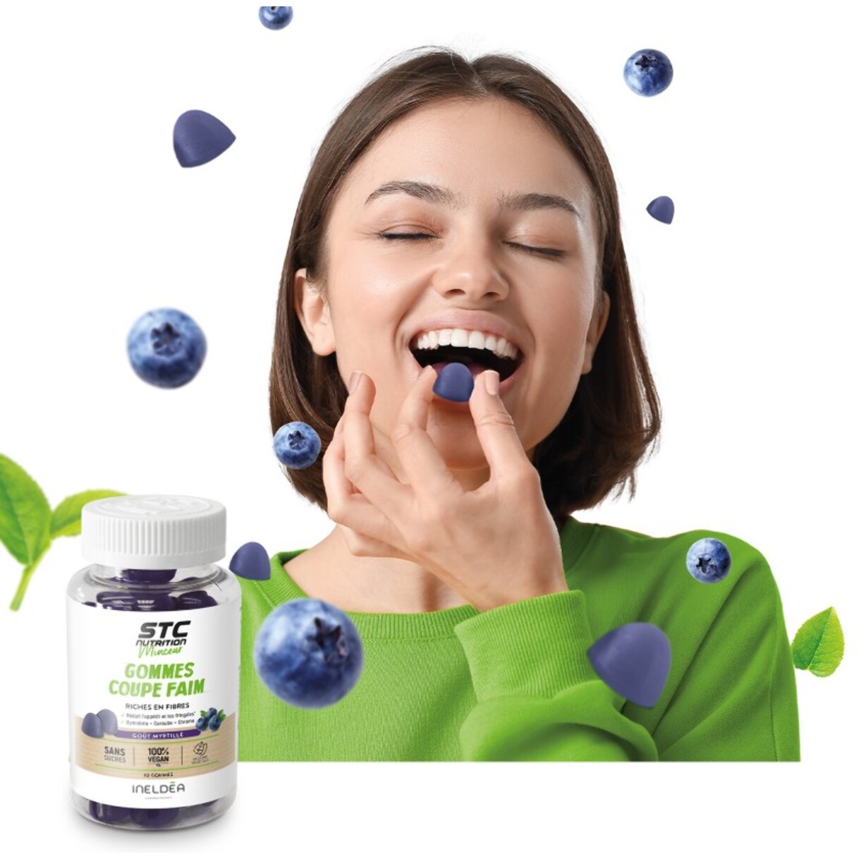 STC NUTRITION - Gommes Coupe Faim - Complément alimentaire sans sucres - Plantes, Chrome et Fibres - Réduit l'appétit et fringales - Soutien les objectifs de perte de poids - Goût myrtille - 60 gommes
