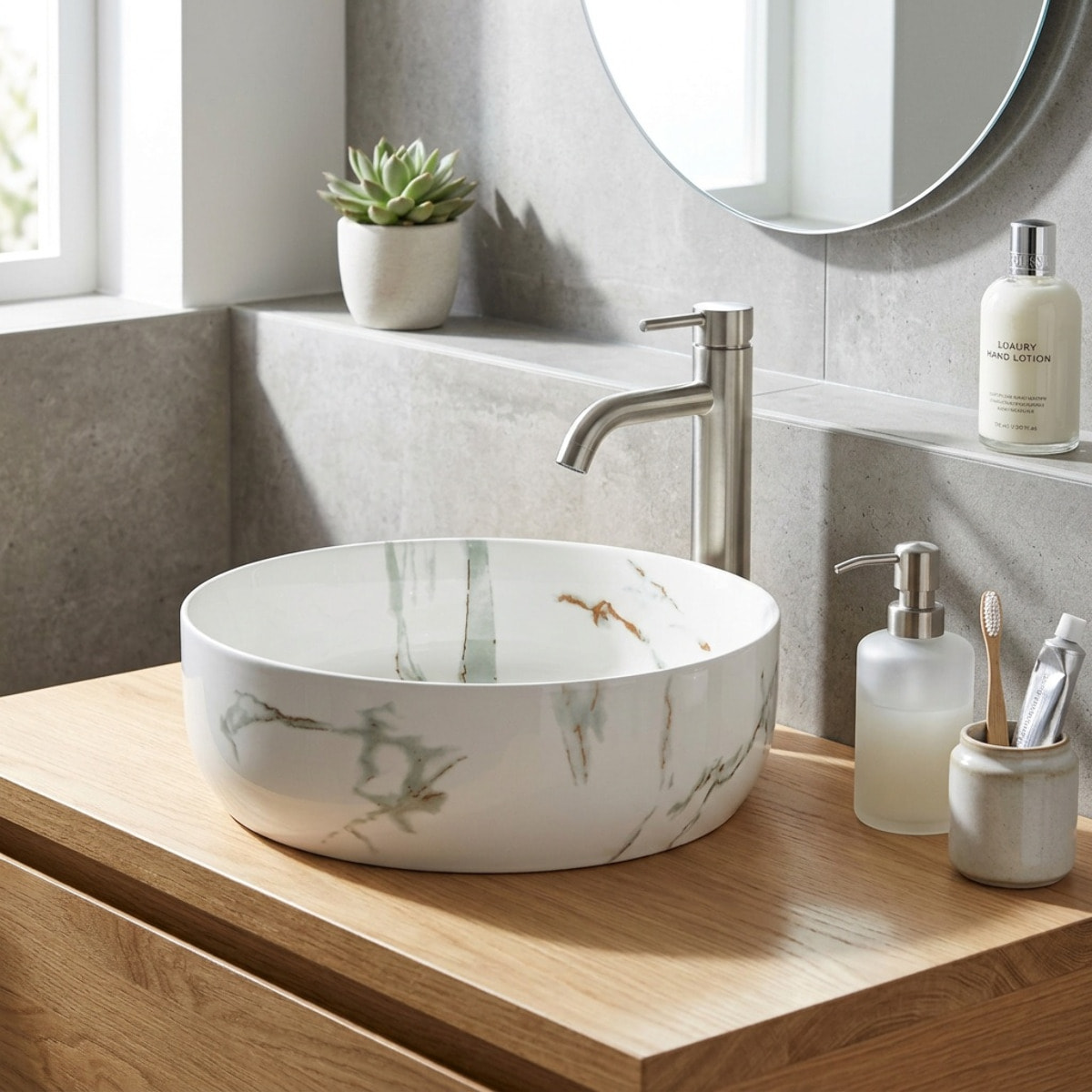 Vasque à poser ronde diamètre 39 cm - effet marbre blanc mat - sans trop-plein - SAT Infinitio