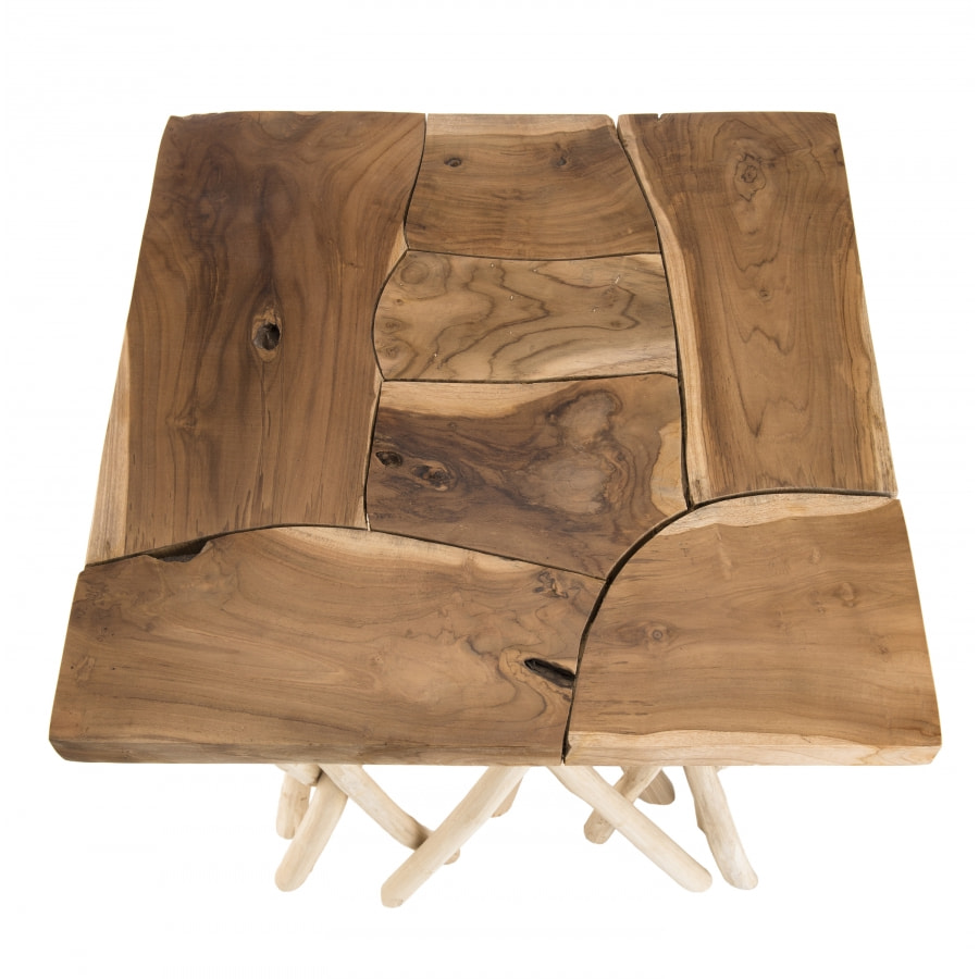 LALY - Table d'appoint nature - plateau carré 55x55cm Teck pieds bois flotté