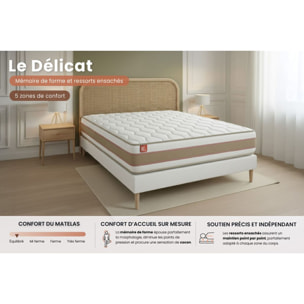 Ensemble Matelas Le Délicat - 26cm - Ressorts ensachés et mémoire de forme - Technologie hybride, fabrication responsable. - Sommier kit Blanc