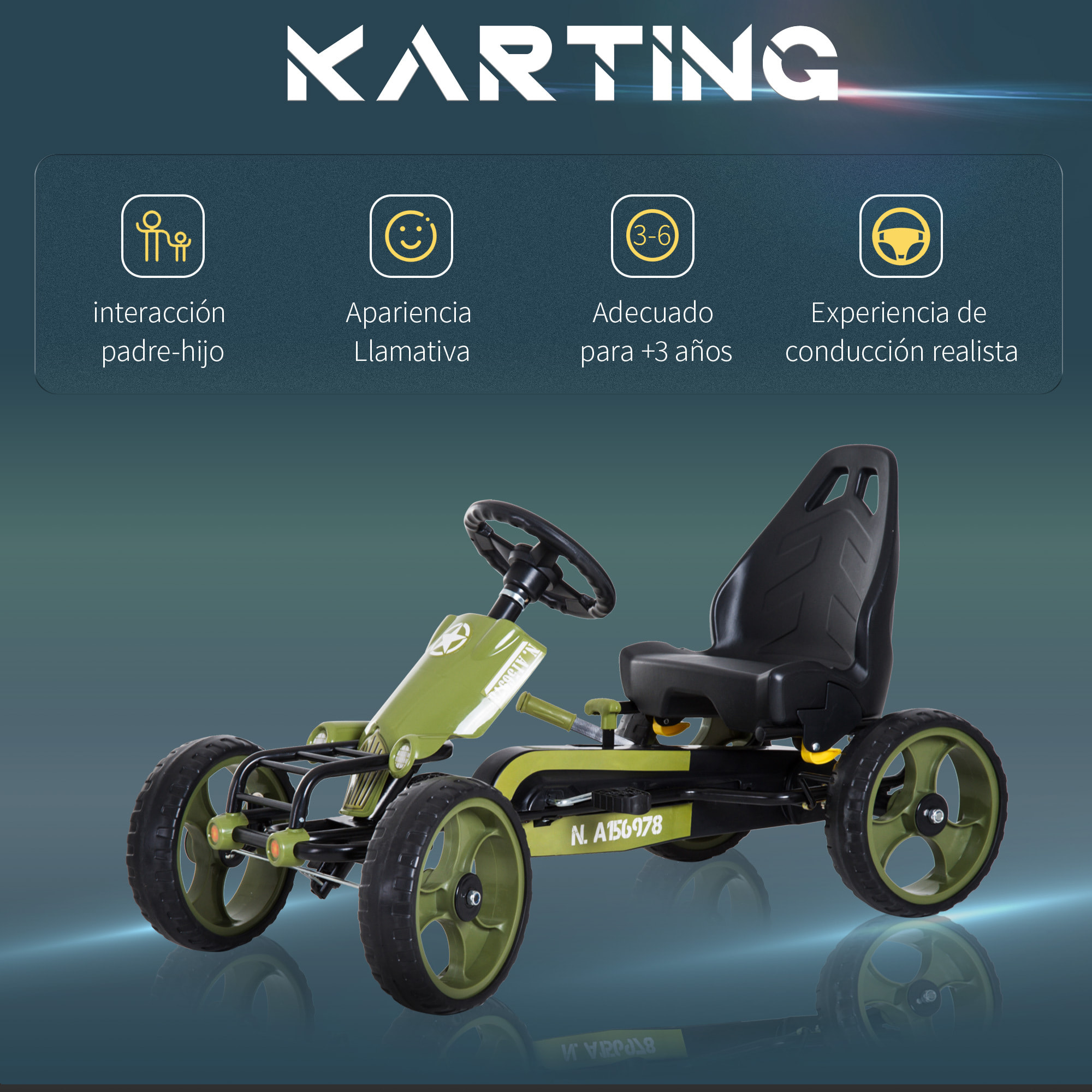 Go-Kart a Pedales para Niños +3 Años con Freno Carga Máx. 35kg 105x54x61cm Verde