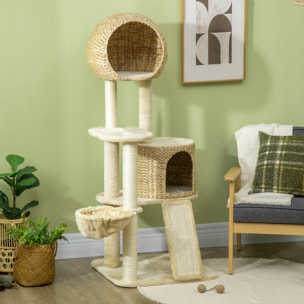 Arbre à chat style cosy chic griffoirs grattoir sisal 2 grandes niches plateforme hamac peluche courte beige jacinthe d'eau