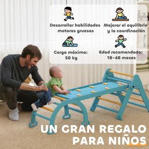 7 en 1 Triángulo de Escalada Montessori con Arco y Rampa, Escalada para Niños de Madera Plegable, para 18-48 Meses, para Deslizarse o Escalar, 188x70 cm, Azul
