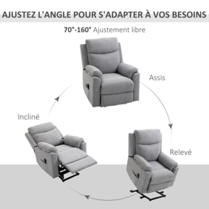 Fauteuil de relaxation électrique - fauteuil releveur inclinable avec repose-pied ajustable et télécommande - tissu polyester aspect lin gris clair chiné