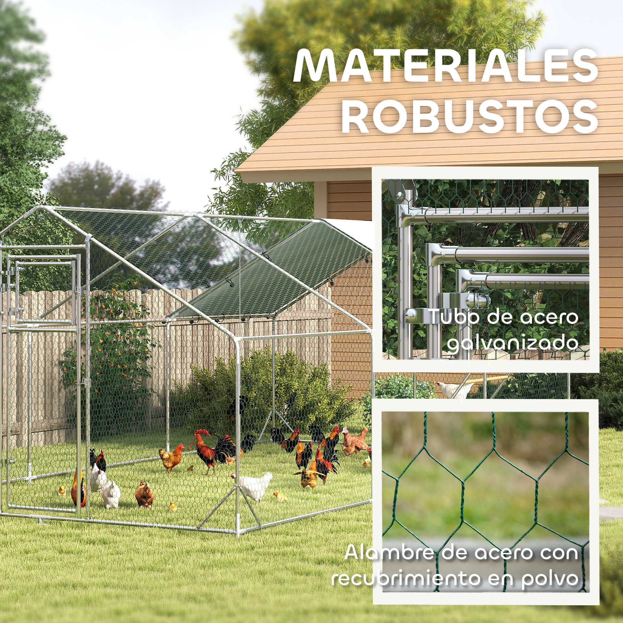 Gallinero para Exterior Gallinero de Acero Galvanizado con Comedero Colgante Tipo Brocheta Percha Cubierta Anti-UV e Impermeable para Conejos Patos Gansos Plata
