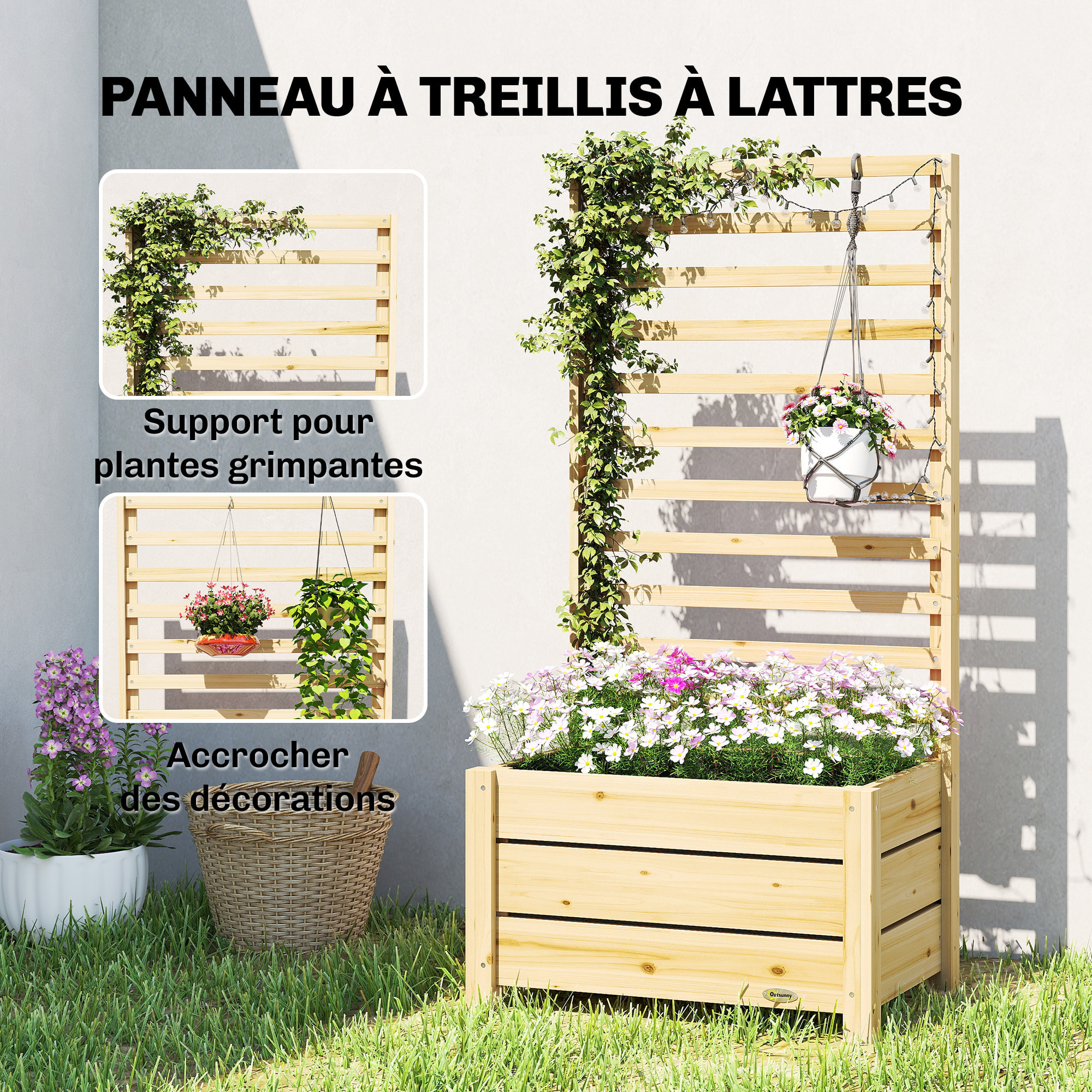 Jardinière avec treillis pour plantes grimpantes bois pin clair