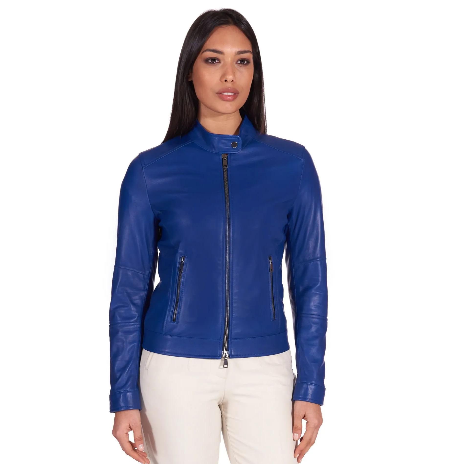 Giacca biker in pelle naturale bluette effetto liscio