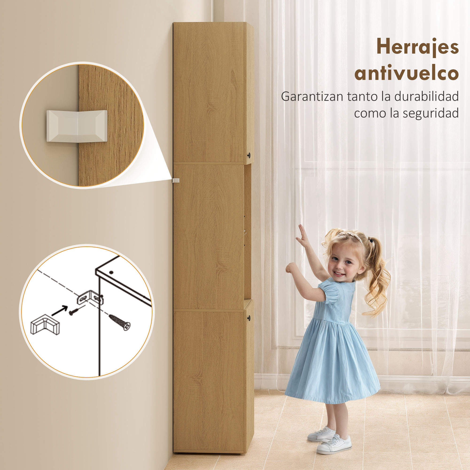 Armario de Baño Alto, Columna de Baño Estrecha de 6 Niveles con 2 Puertas, Estante de Vidrio Templado, Estantes Ajustables, 40x31x182 cm, Roble