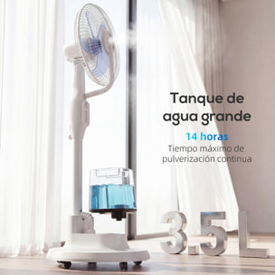 Ventilador Nebulizador, 90W, Ventilador con Agua, Oscilación de 70°, 3 Velocidades, 5 Aspas, Depósito de Agua de 3,5L, 5 Ruedas, para Hogar, Oficina, Dormitorio, Blanco