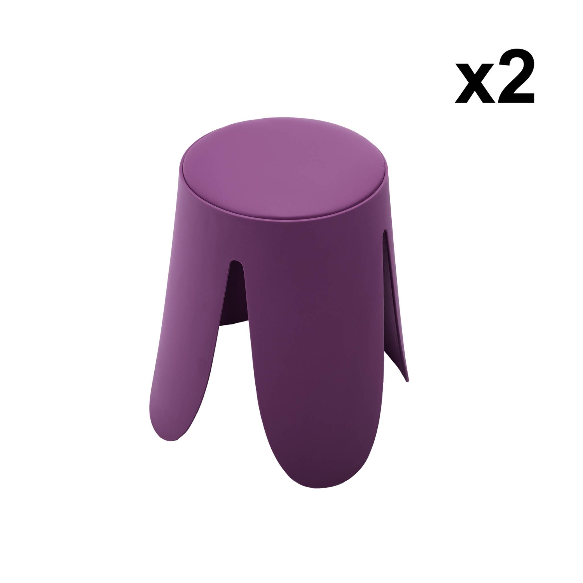 Set de 2 tabourets empilables. simili cuir violet. NIKI. Ø30 / 44 x H46cm
