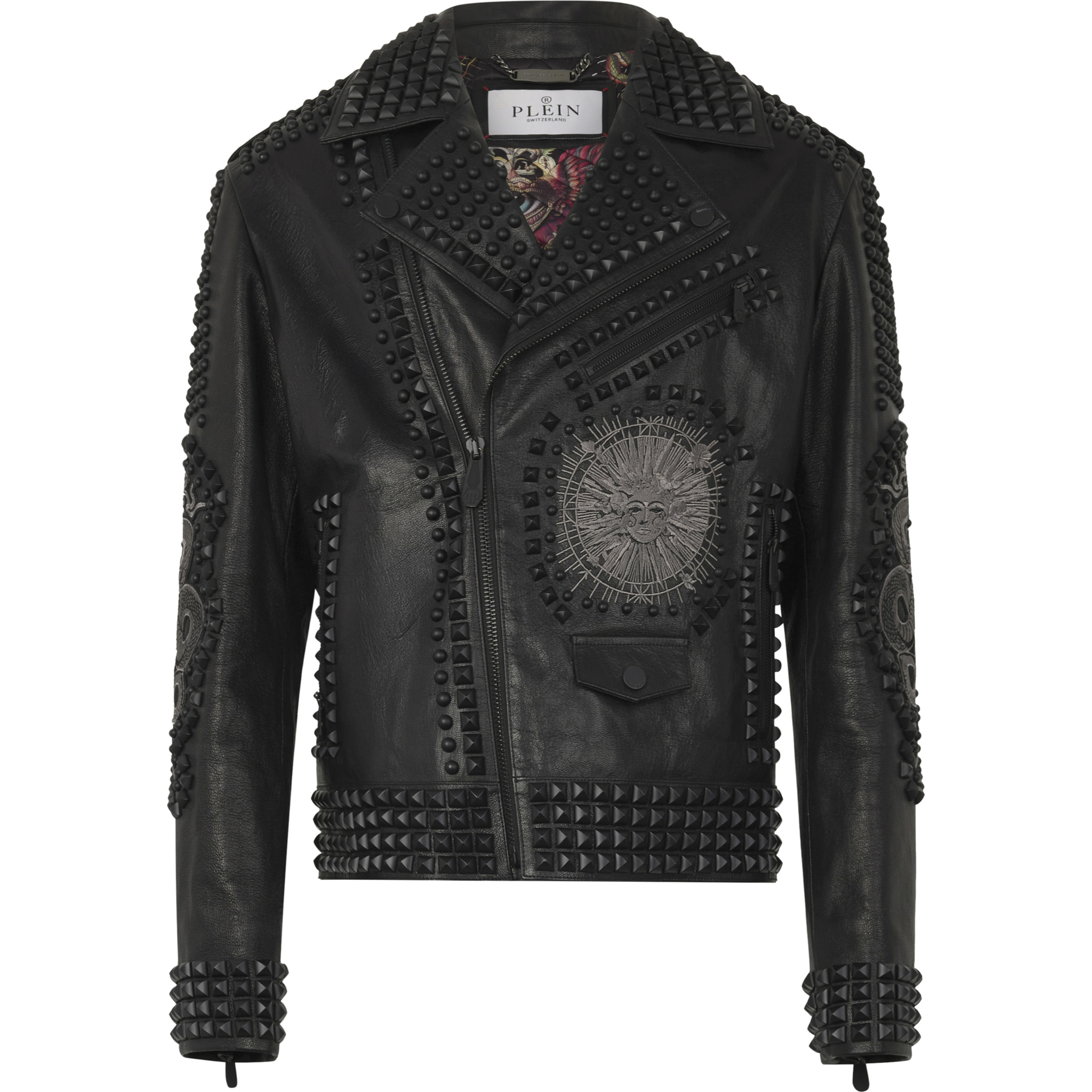 PHILIPP PLEIN Vintage Leather Biker Jacket Tattoo Patches & Studs