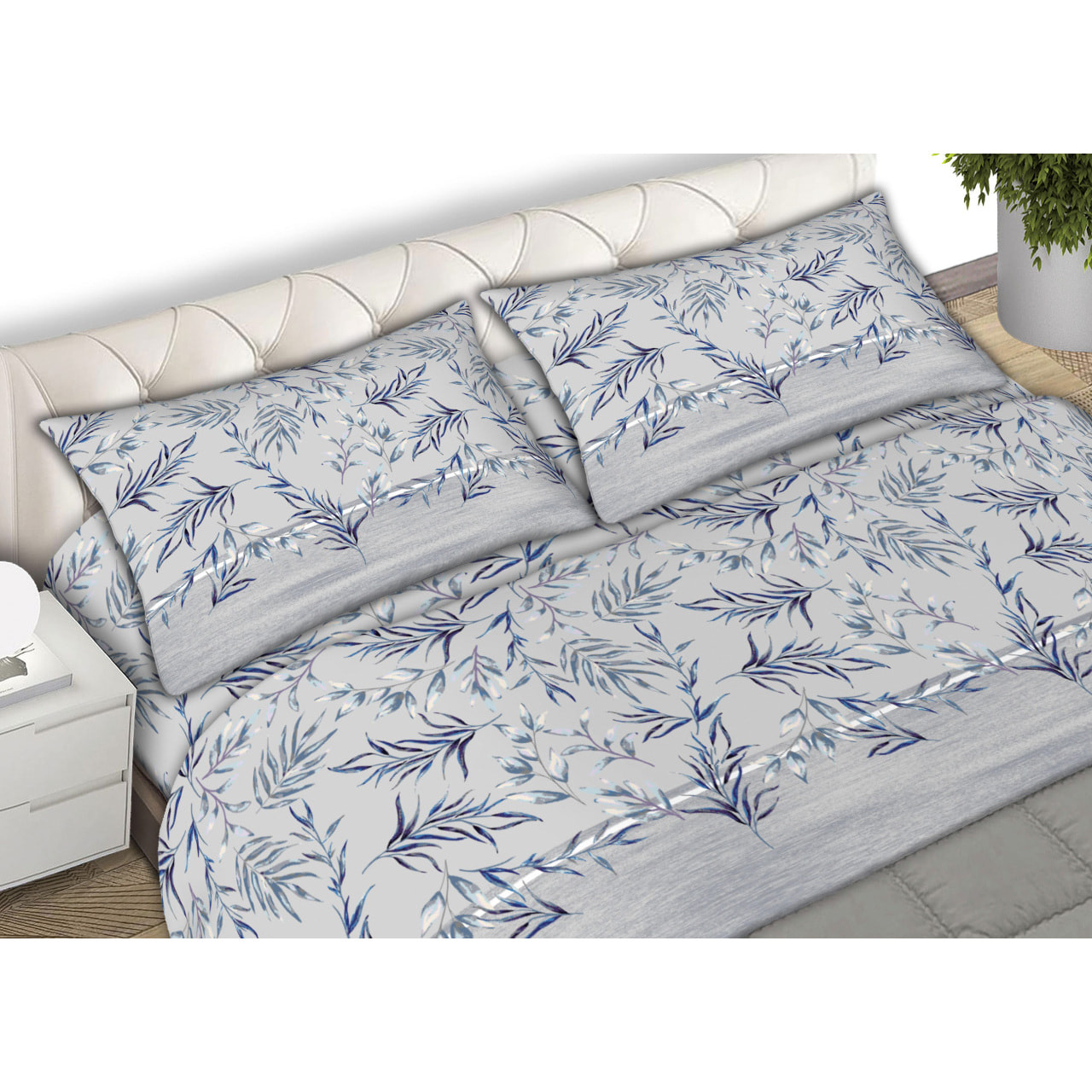 Completo Lenzuola In Calda Flanella Made in Italy Foliage Azzurro