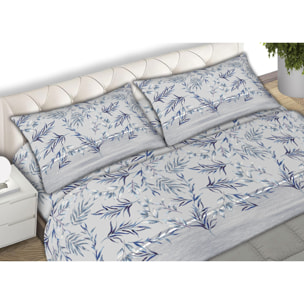 Completo Lenzuola In Calda Flanella Made in Italy Foliage Azzurro