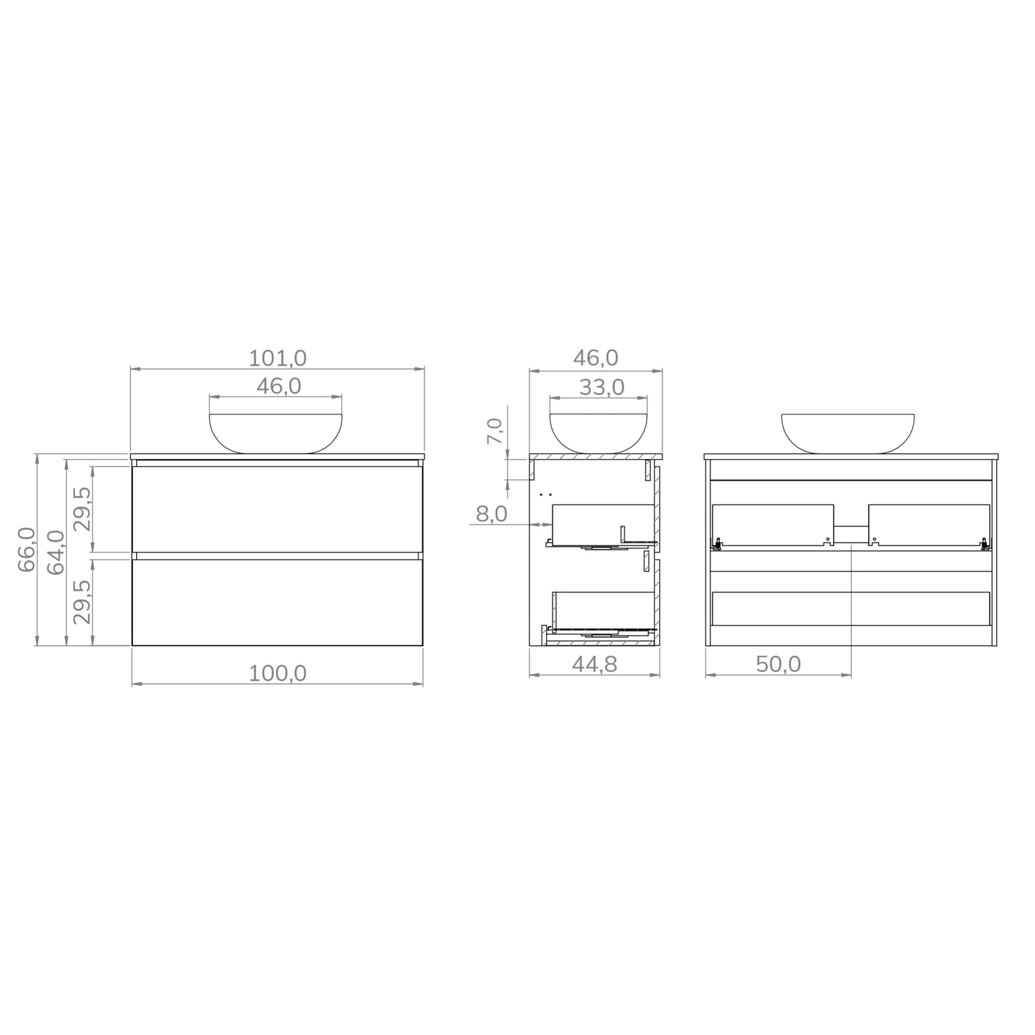 Conjunto de Baño Kaji | Mueble de Baño Suspendido | 100 cm Bardolino| Dos Cajones | Lavabo Ovalado sobre Encimera | No incluye Espejo | Alday