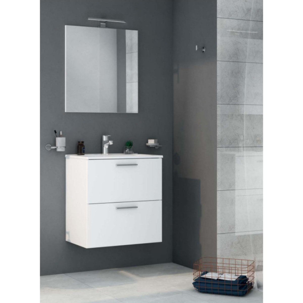 Mia ensemble meuble préassemblé 59x61x39,5 cm avec miroir, lavabo et éclairage LED, Blanc brillant (MIASET60B)