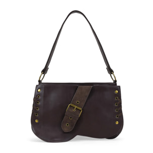 Bolso de hombro marrón con solapa y hebilla