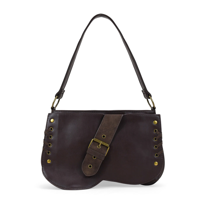 Bolso de hombro marrón con solapa y hebilla
