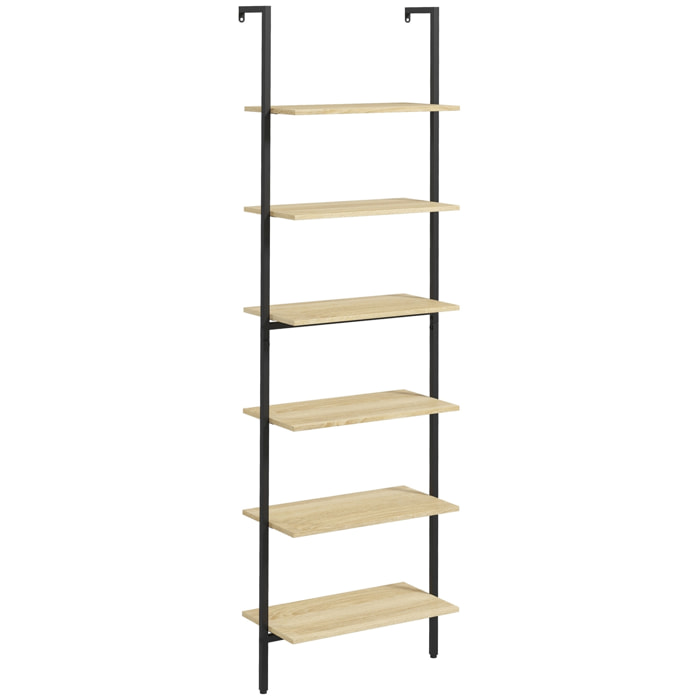 Étagère échelle bibliothèque style industriel H206 cm 6 étagères acier noir panneaux aspect bois clair