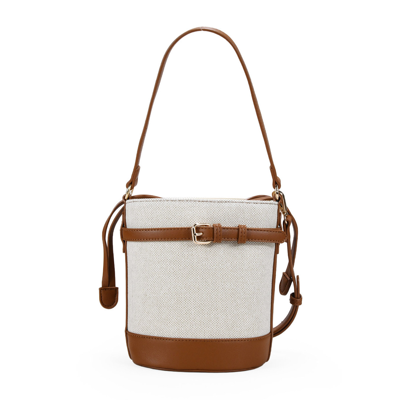 Bolso cubo cuero y beige con cinturón y hebilla