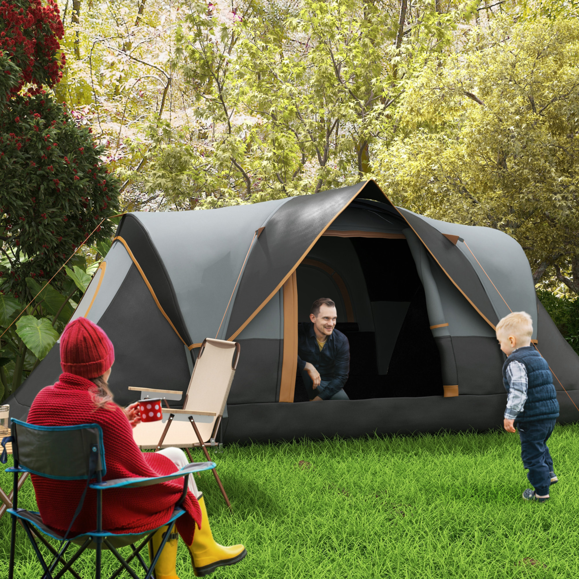 Tente de camping familiale 5-6 pers. - grande porte + 3 fenêtres - fibre verre polyester oxford gris orange