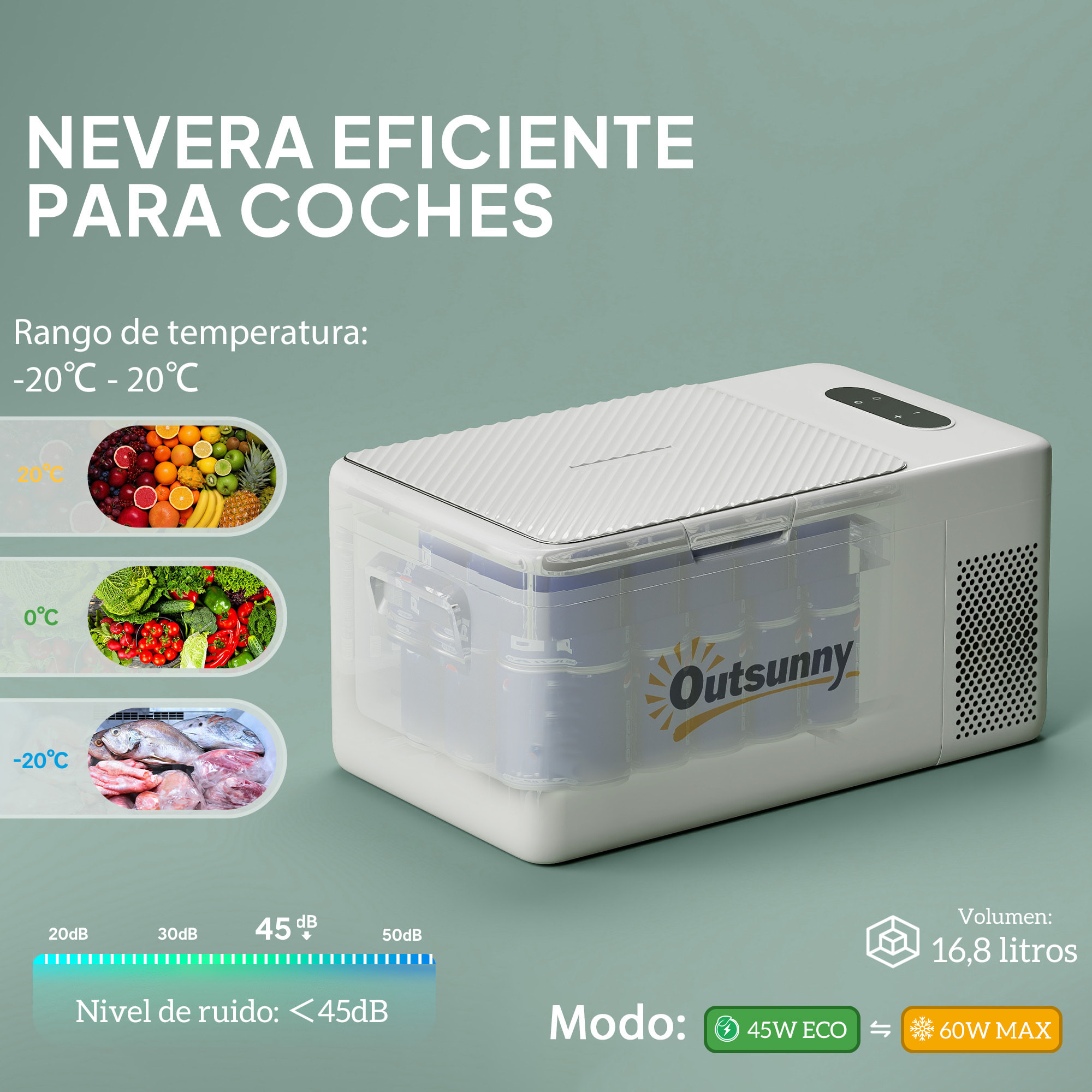 Nevera Portátil Eléctrica 16,8L Refrigerador de Coche 12/24/220V con Compresor Luz LED Pantalla Digital Modos ECO y MAX de -20℃ a +20 ℃ Puerto USB para Hogar Camping Viajes Automóvil