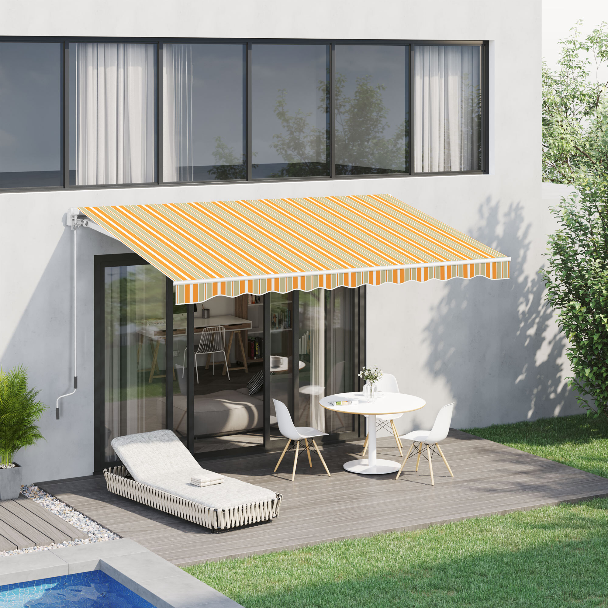 Toldo Manual Retráctil 300x250 cm Toldo para Balcón con Manivela de Metal Impermeable y Anti-UV Toldo Enrollable de Exterior para Jardín Terraza Ventanas Amarillo y Blanco