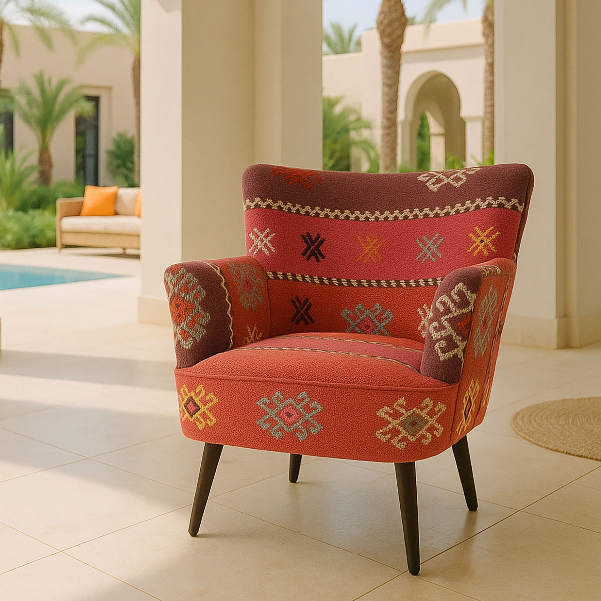 Fauteuil en kilim brodé main et pieds en bois noir CHAQUIRAS