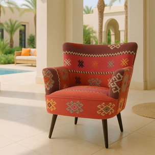 Fauteuil en kilim brodé main et pieds en bois noir CHAQUIRAS