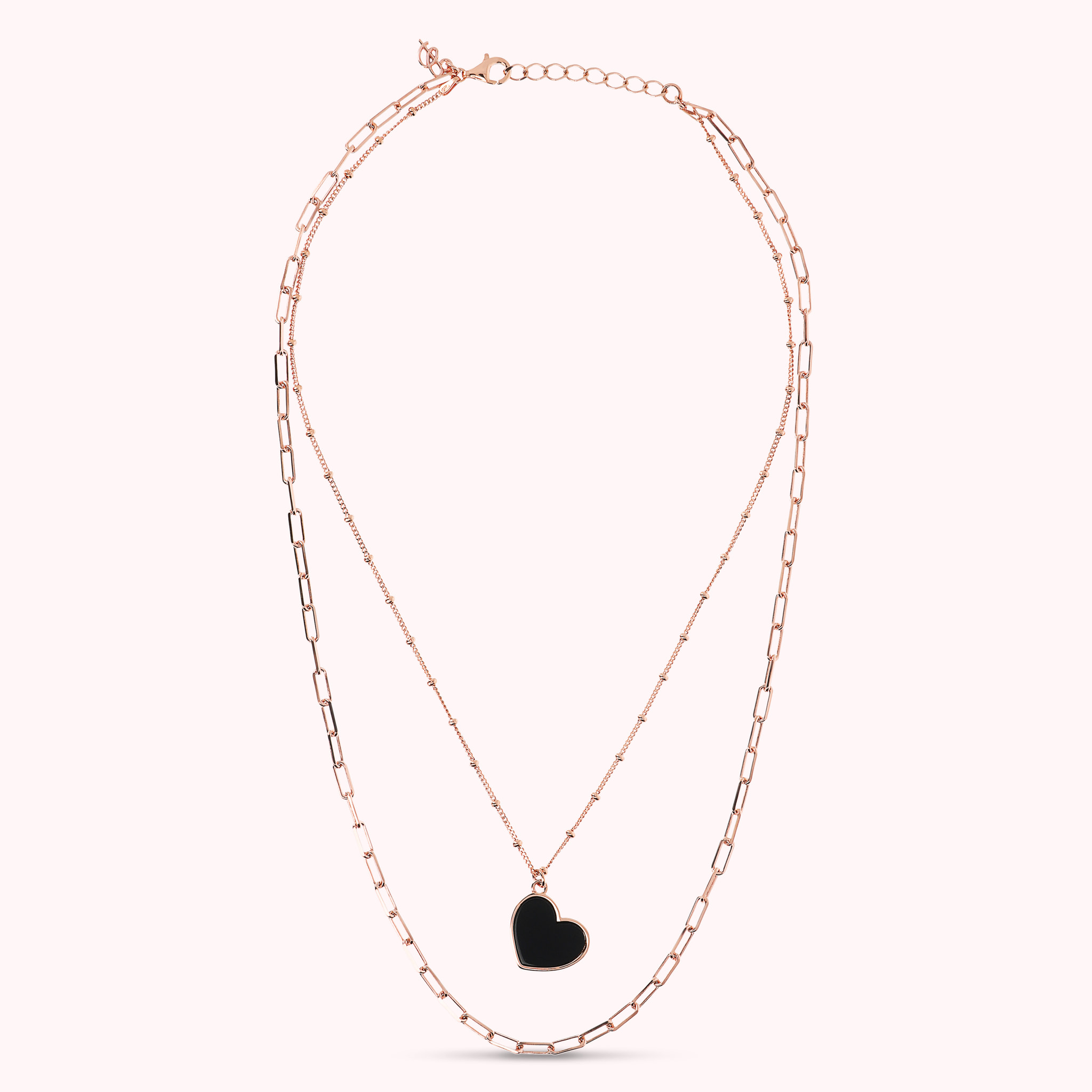 Collana Multifilo Forzatina e Catena Rosario con Pendente Cuore in Onice Nero