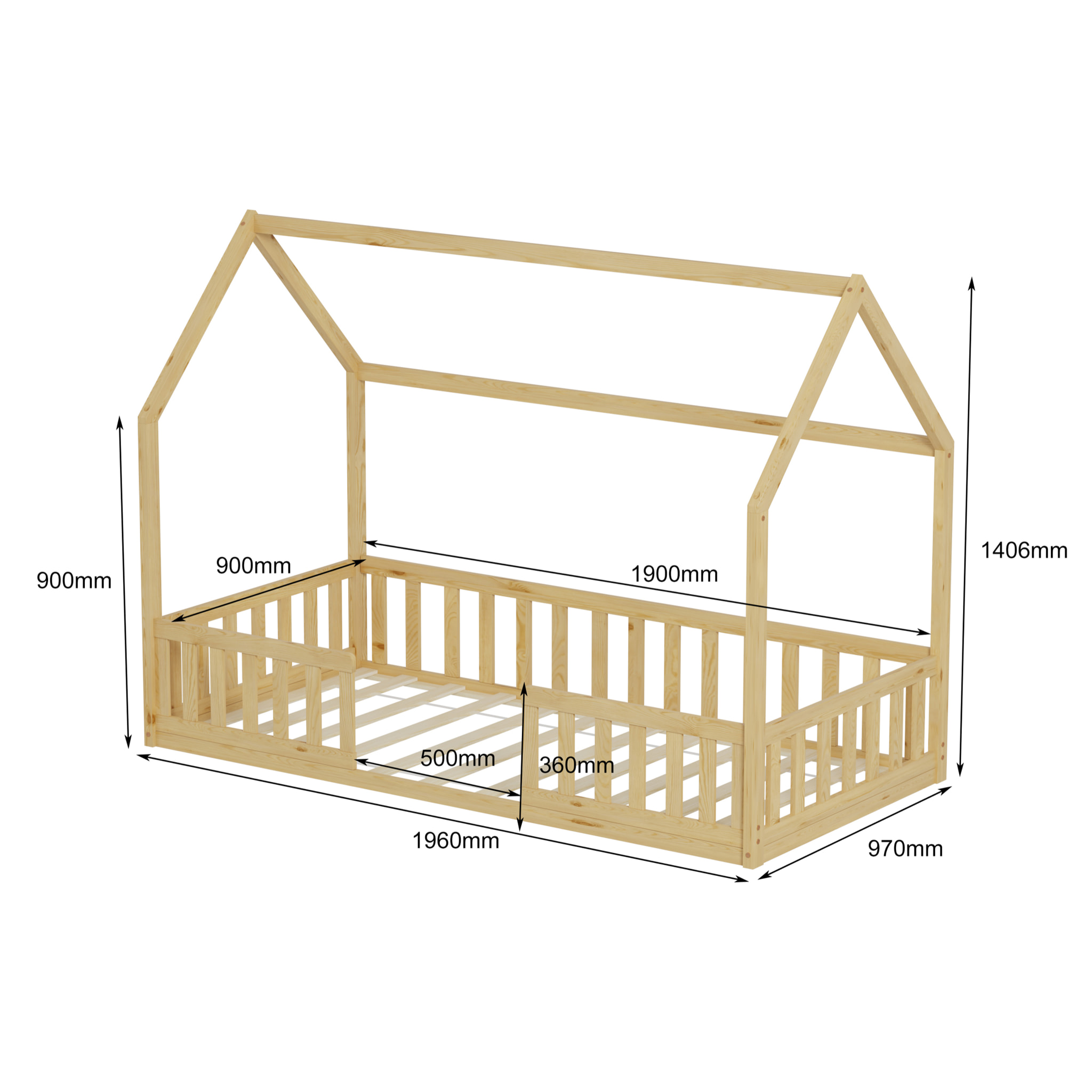 Lit Cabane Nid enchanté 90 x 190 cm, Couleur Bois, Bois de Pin naturel, Barrières latérales de sécurité, Favorise l'imagination