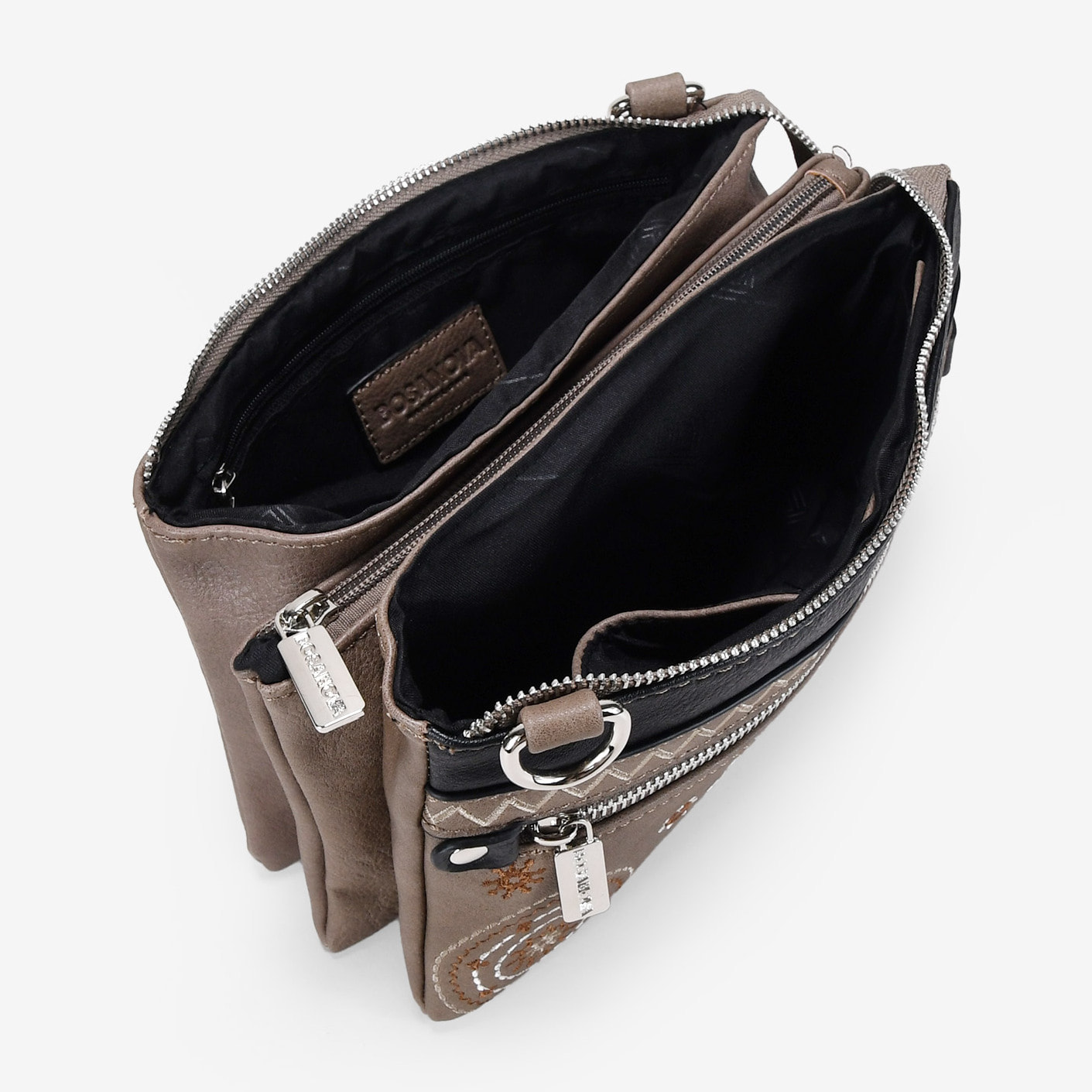 Bolso bandolera taupe con tres compartimentos