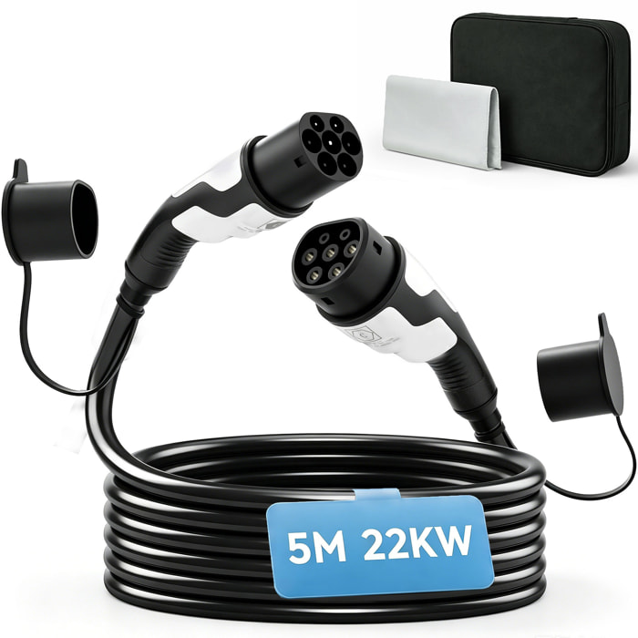 HOMCOM Cable de Carga Coche Eléctrico 22kW, 5m, 32A, Cable de Carga EV Tipo 2, Modo 3, Trifásico con IP65, Paño de Limpieza y Bolsa Almacenamiento, Carga Rápida para Wallbox y Estaciones de EV y PHEV