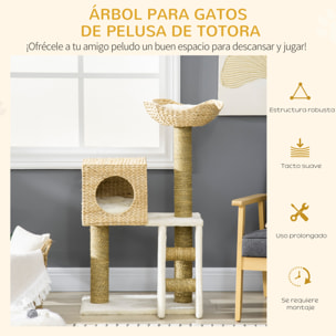 PawHut árbol Rascador para Gatos Medianos Altura 100,5 cm Torre para Gatos con Cama Superior y Cueva de Totora 2 Cojines 2 Postes Escalera 57x37x100,5 cm Natural