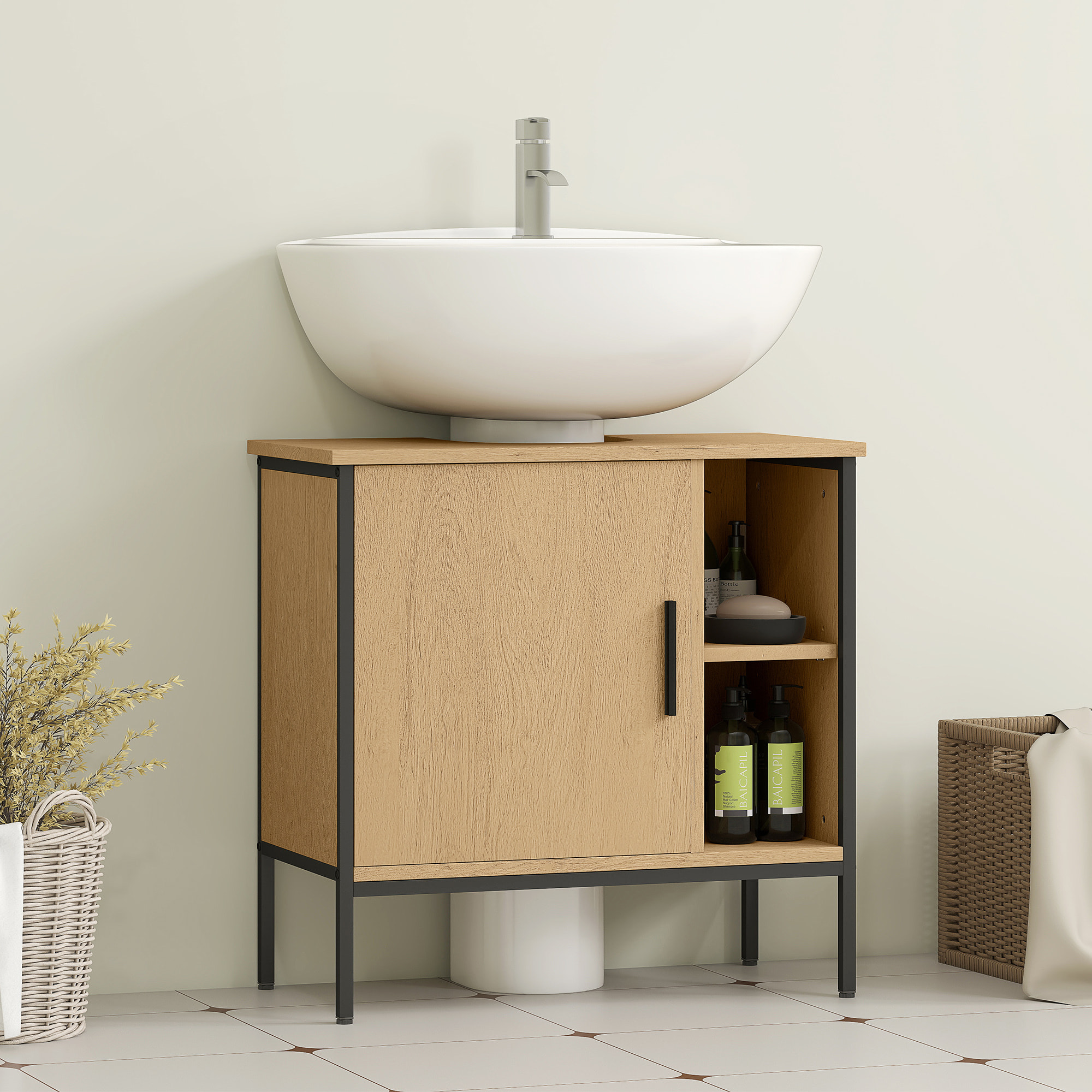 Mueble bajo Lavabo Mueble de Baño con Puerta y Estante Ajustable para Lavabo con Pedestal 60x30x59,5 cm Roble