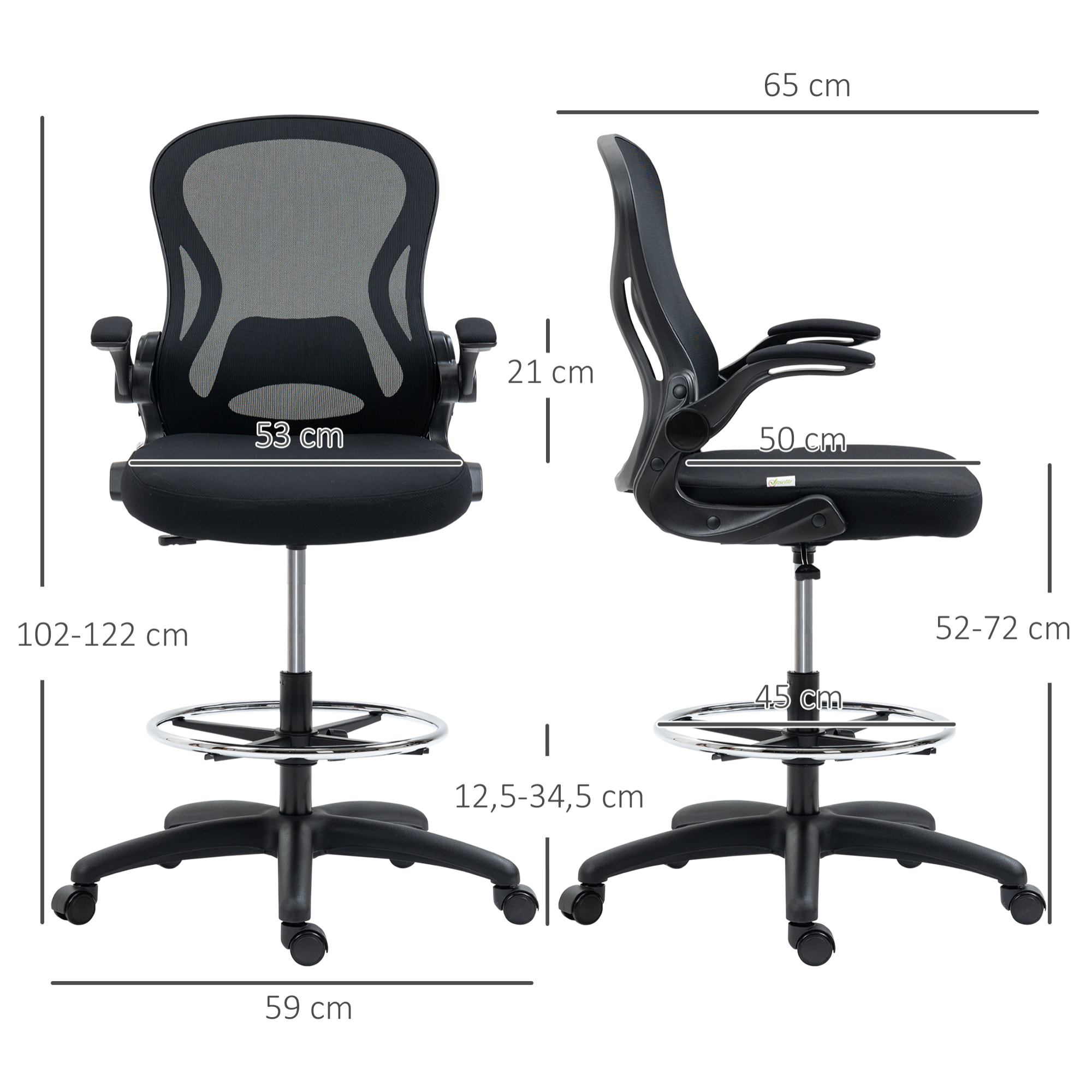 Silla de Dibujo Giratoria Silla de Escritorio Alta con Respaldo Medio Soporte Lumbar Reposabrazos Abatibles Altura Ajustable Carga 120 kg 59x65x110-130 cm Negro