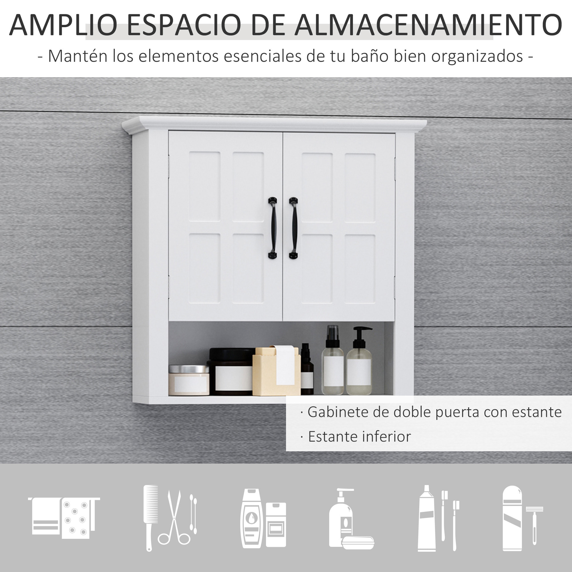 Armario de Pared para Baño Mueble Suspendido de Baño con 2 Puertas y Estante Ajustable y Almacenamiento Abierto para Aseo Dormitorio Ducha 60x19,8x58 cm Blanco