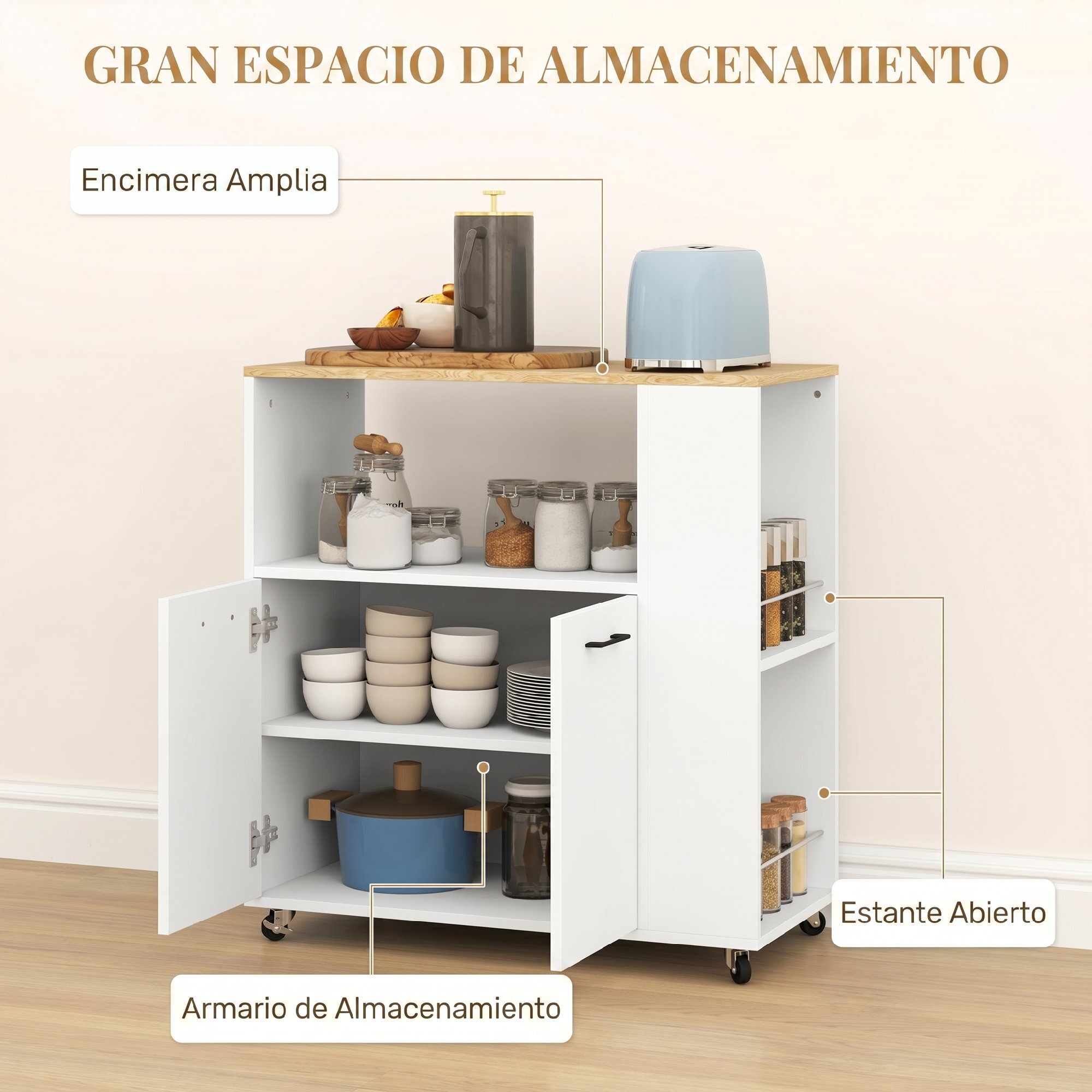 Carrito Auxiliar con Ruedas, Carrito de Cocina con 2 Puertas, Estante Ajustable, Especieros, para Comedor, 75x40x80,5 cm, Blanco