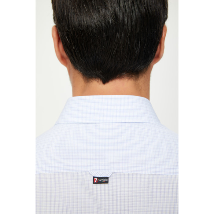 Camicia Uomo 1 Bottone Button Down Slim Cotone Quadro Piccolo Celeste/Bianco