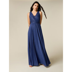 Oltre - Vestido lurex con corpiño bordado - Azul