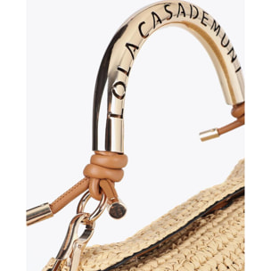 Borsa a tracolla effetto rafia combinata con manico con logo fustellato