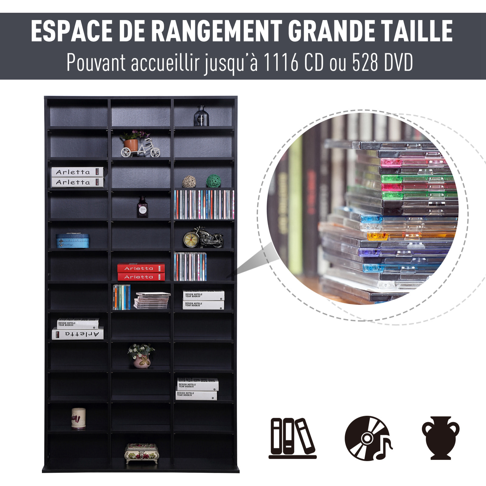 Étagère rangement CD/DVD meuble de rangement pour 1116 CDs 33 compartiments réglables en hauteur 102 x 24 x 195 cm noir