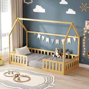 Lit Cabane Nid enchanté 90 x 190 cm, Couleur Bois, Bois de Pin naturel, Barrières latérales de sécurité, Favorise l'imagination