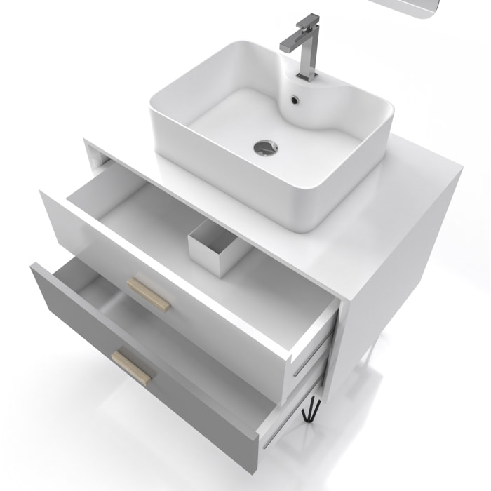 MEUBLE SALLE DE BAIN SCANDINAVE BLANC ET GRIS 80cm AVEC TIROIRS, VASQUE A POSER - MIROIR