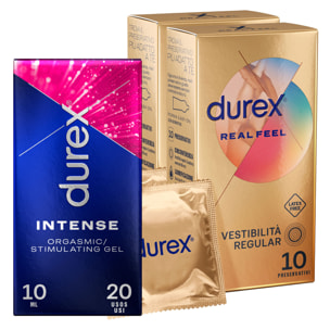 2x Preservativi Durex Real Feel con Forma Easy On Senza Lattice 2 Confezioni da 10 Profilattici + Durex Intense Orgasmic Stimulating Gel Stimolante per Orgasmo Femminile da 10ml