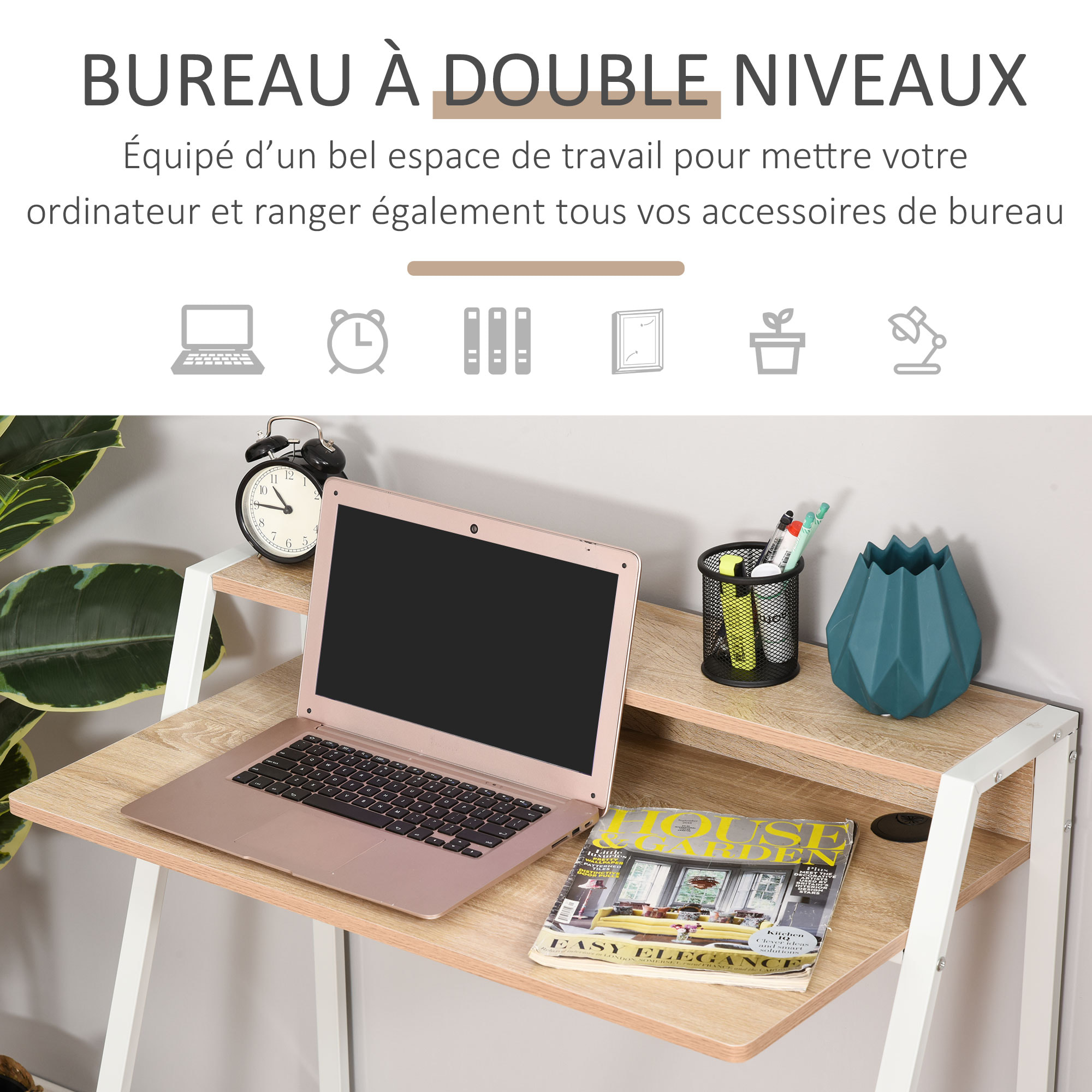 Bureau secrétaire bureau informatique dim. 84L x 45l x 85H cm style néo-rétro étagère coloris chêne clair blanc