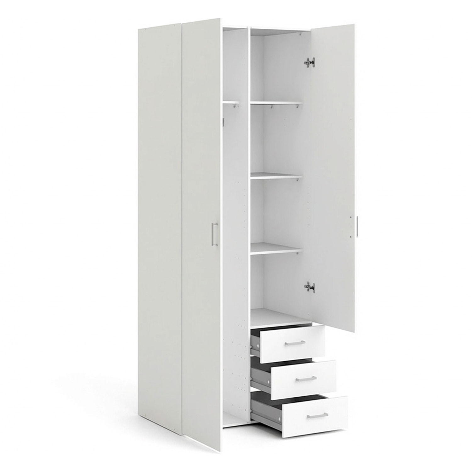 Armadio Con 2 Ante e 3 Cassetti Armadietto Multiuso Design Moderno Salvaspazio Vano Con Barra Appendiabiti E Ripiani 77.6 x 49.5 x 200.4 Cm Bianco
