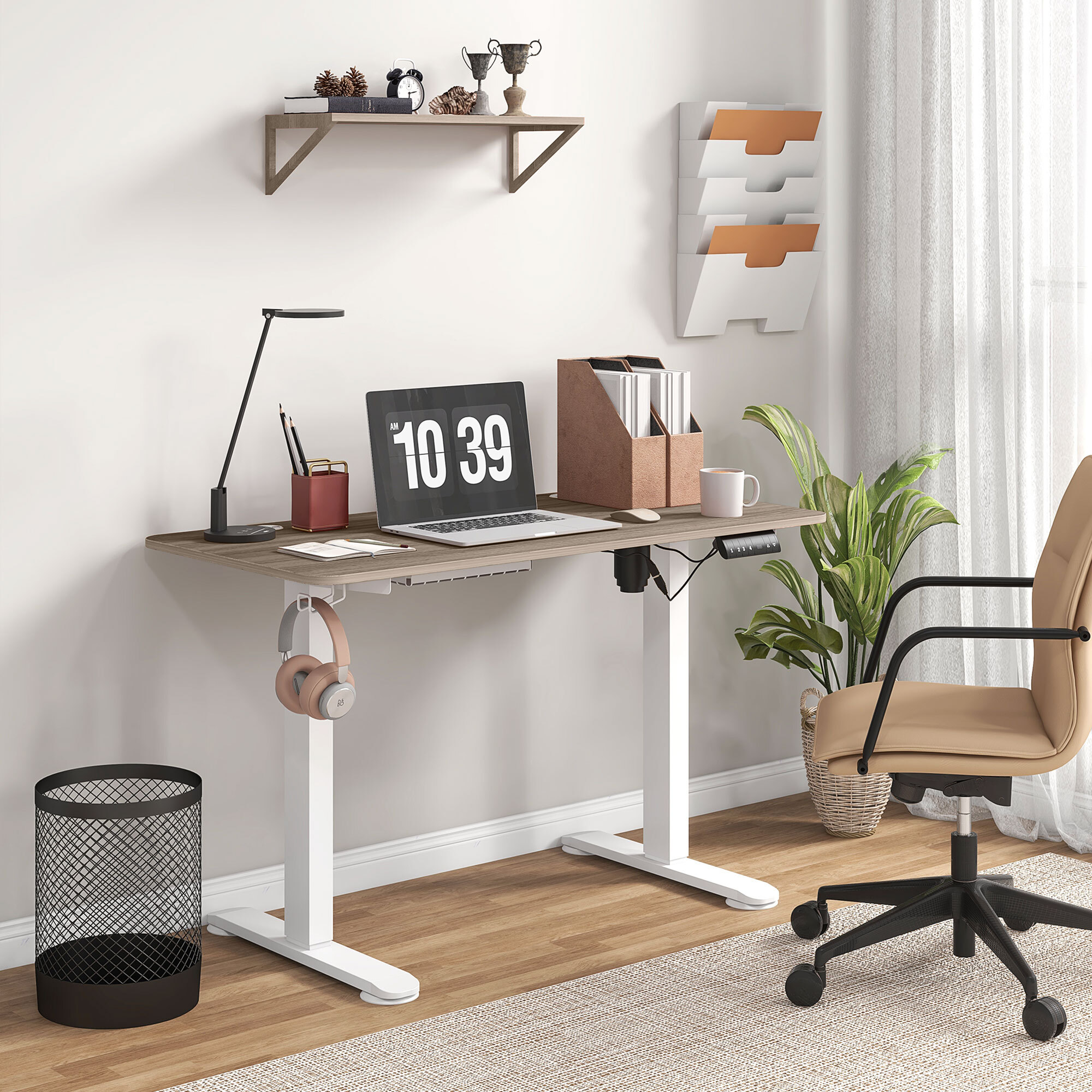 Bureau assis debout électrique - bureau réglable en hauteur - bureau électrique réglable - acier noir aspect bois chêne clair