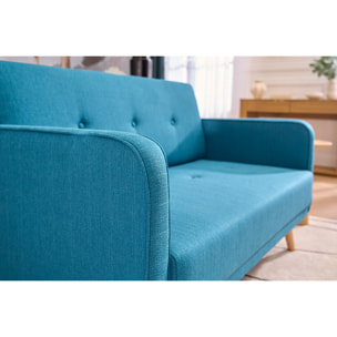 Canapé scandinave 2 places en tissu bleu canard et bois clair ULLA